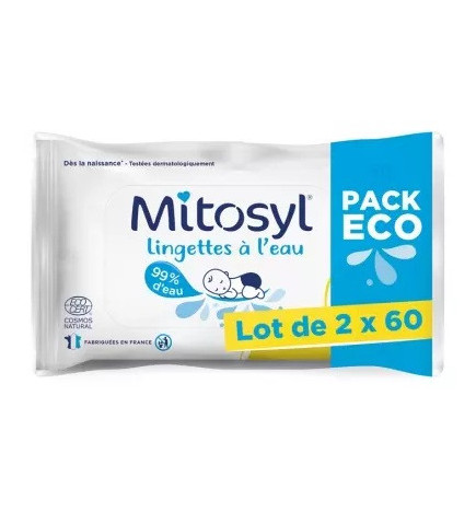 Mitosyl – Lingettes à l’Eau Bébé, Lot de 2 x 60 lingettes