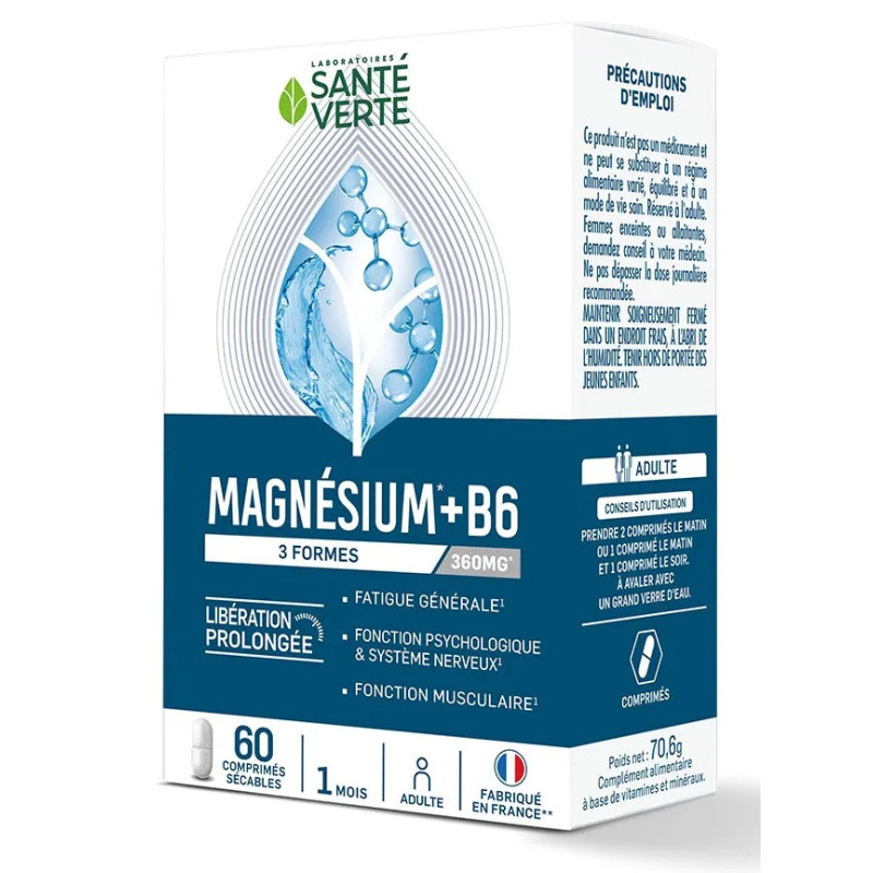 Sante Verte – Magnésium + B6 3 Formes 360 mg Libération Prolongée, 60 comprimés sécables