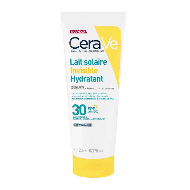 CeraVe – Lait Solaire Invisible Hydratant SPF30 Visage et Corps Peaux Sensibles, 75 ml