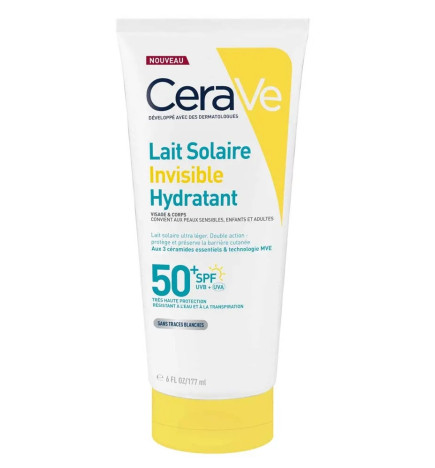 CeraVe – Lait Solaire Invisible Hydratant SPF50+ Haute Protection visage et corps, 177 ml