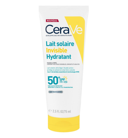 CeraVe – Lait Solaire Invisible Hydratant SPF50+ Haute Protection visage et corps, 75 ml