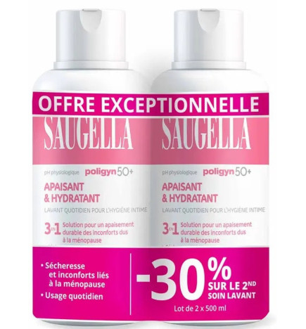Saugella – Poligyn 50+ Soin Lavant Intime 3en1 Ménopause, 2 x 500 ml