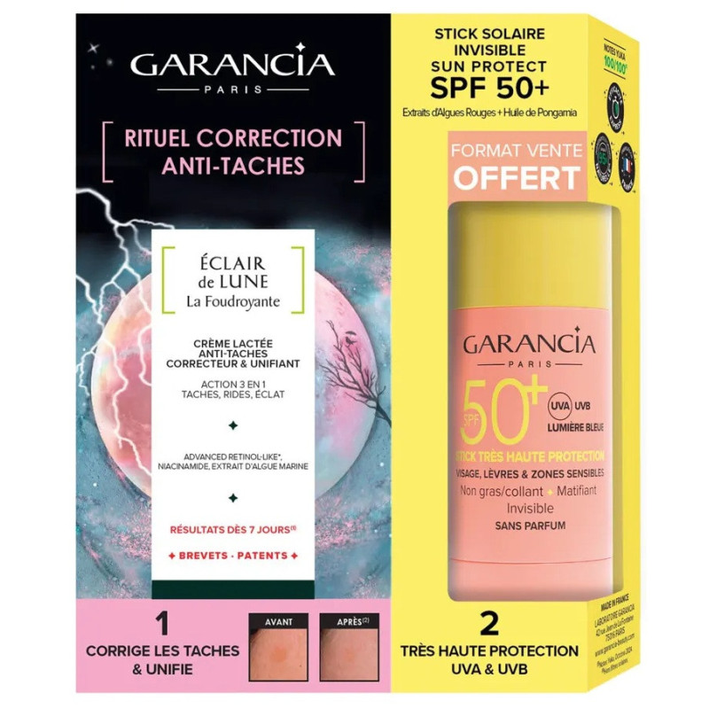 Garancia – Éclair de Lune Rituel Correction Anti-Taches SPF50+, duo soin + stick