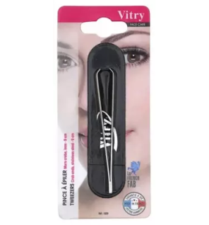 Vitry – Pince à épiler mors crabe biais inox doré 9 cm, 1 pince + 1 étui