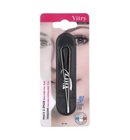 Vitry – Pince à épiler mors crabe biais inox doré 9 cm, 1 pince + 1 étui