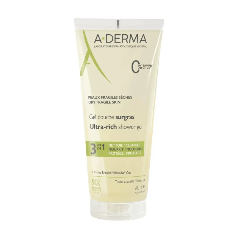 A-Derma – Les Indispensables Gel Douche Surgras 3 en 1 Visage et Corps Peaux Fragiles Sèches, 200 ml