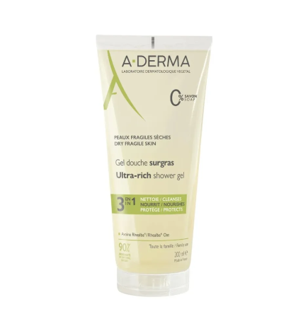 A-Derma – Les Indispensables Gel Douche Surgras 3 en 1 Visage et Corps Peaux Fragiles Sèches, 200 ml