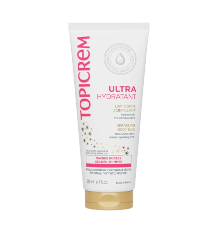 Topicrem – Ultra-Hydratant Scintillant Corps - Lait hydratant 24h & illuminateur doré, 200 ml