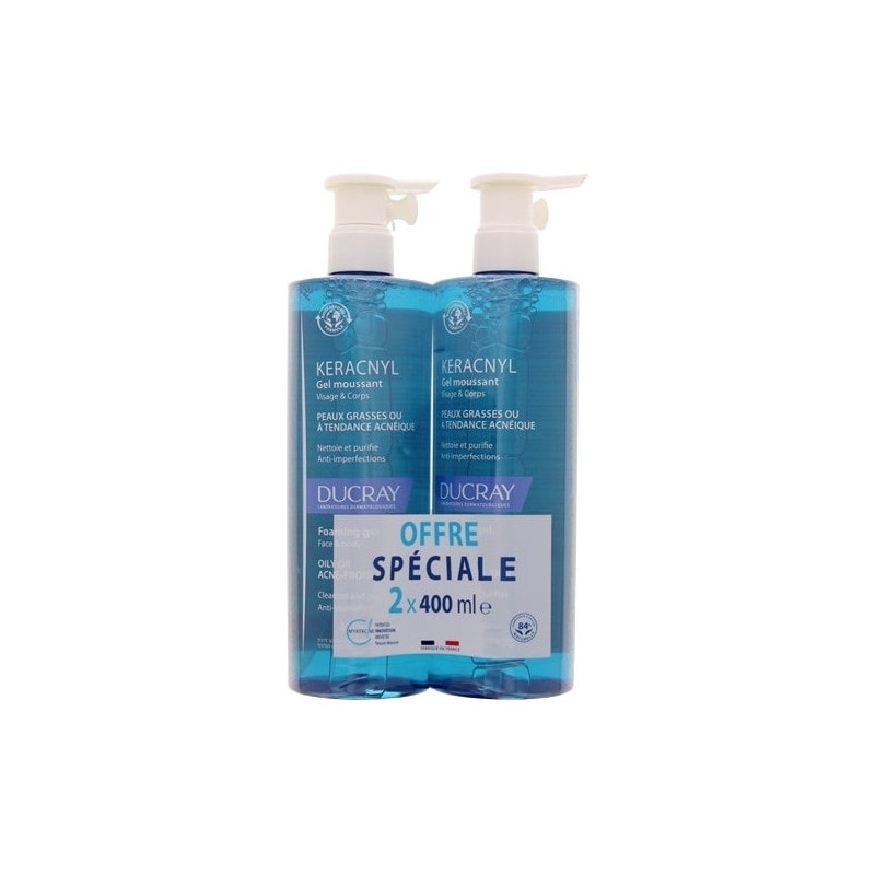 Ducray – Keracnyl Gel nettoyant anti-imperfections visage et corps, lot de 2 x 400 ml