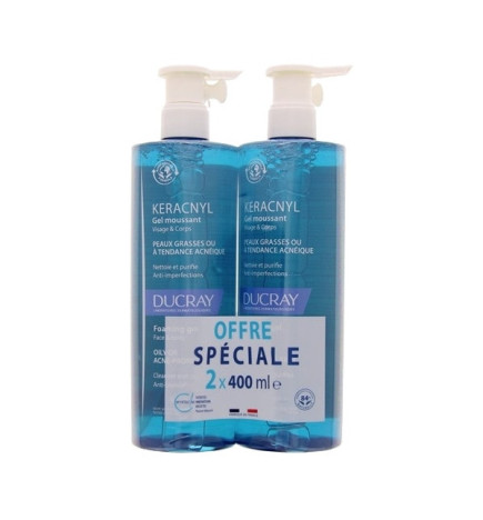 Ducray – Keracnyl Gel nettoyant anti-imperfections visage et corps, lot de 2 x 400 ml