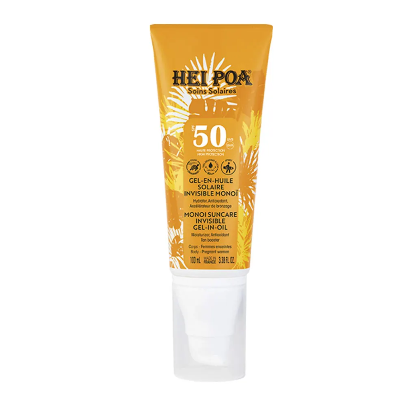 Hei Poa – Gel-en-Huile Solaire Invisible Monoï SPF50, 100 ml