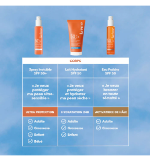 Krème – Eau solaire fraîche SPF50 corps tous types de peaux, 50 ml