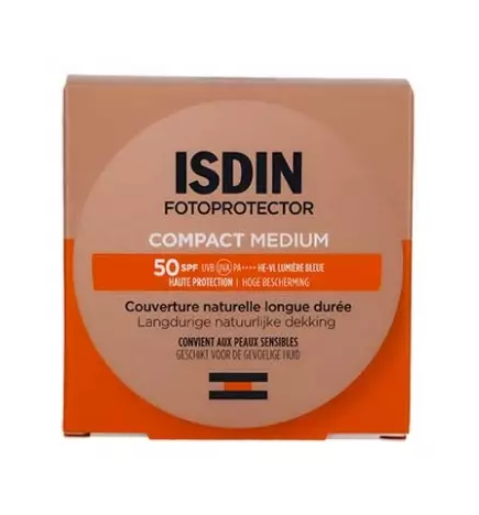 Isdin – Fotoprotector Compact couverture naturelle longue durée SPF50 Médium, 10 g