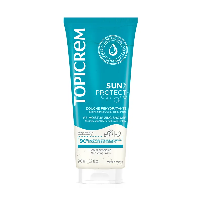 Topicrem – Sun Protect Gel Douche Réhydratant Visage et Corps Peaux Sensibles, 200 ml