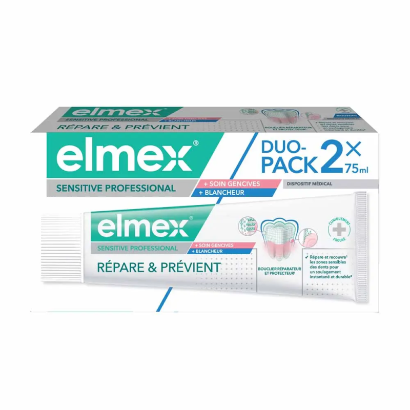 Elmex – Dentifrice Sensitive Professional Soin Gencives et Blancheur, 2 x 75 ml
