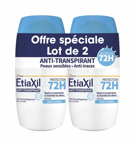 Etiaxil – Anti-transpirant roll-on protection 72h peaux sensibles, 2 x 50 ml