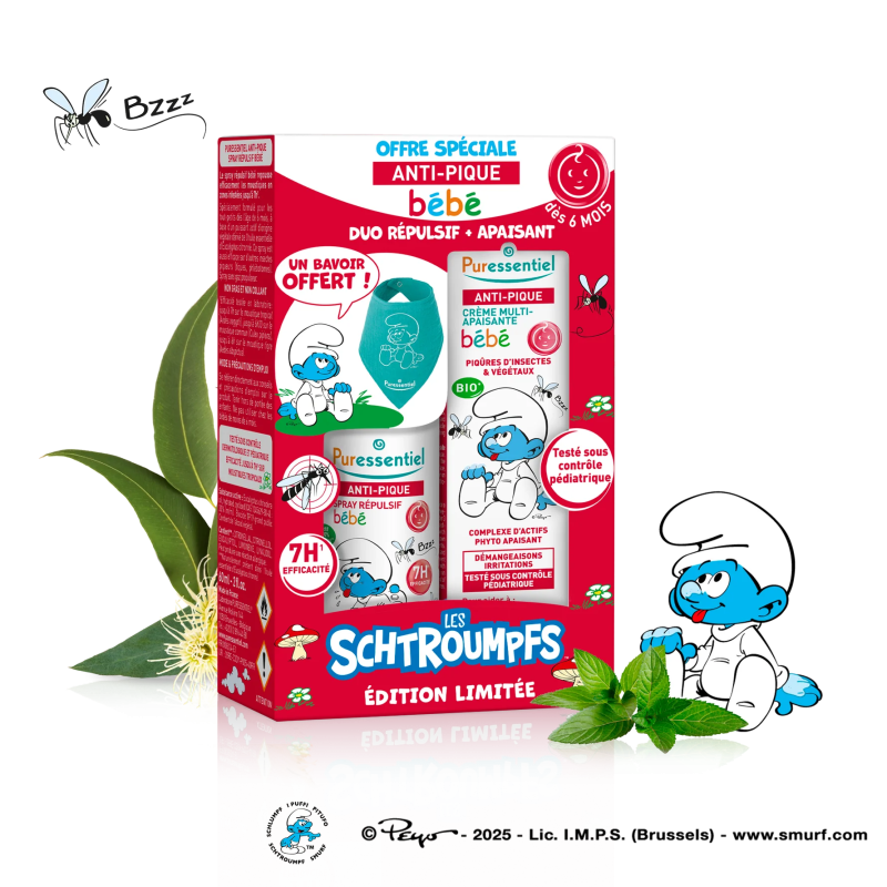 Puressentiel – Duo répulsif apaisant bébé Schtroumpfs, 2 produits Puressentiel – Duo répulsif apaisant bébé Schtroumpfs, 2 produits