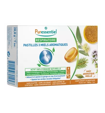 Puressentiel – Respiratoire pastilles 3 miels aromatiques, 18 pastilles
