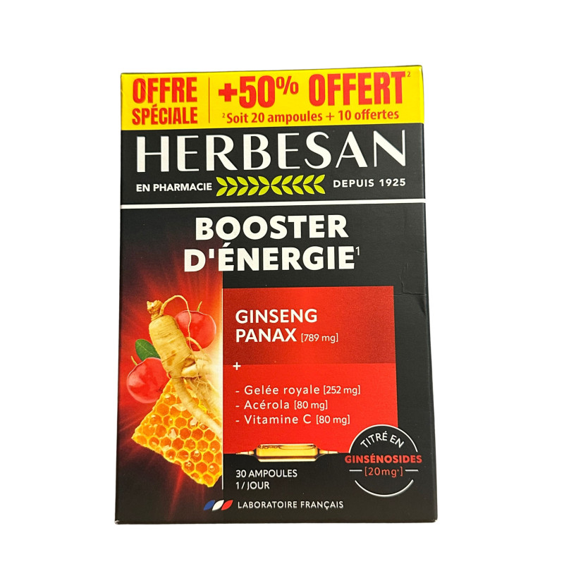 Herbesan – Panax ginseng gelée royale, 20 + 10 ampoules de 15 ml
