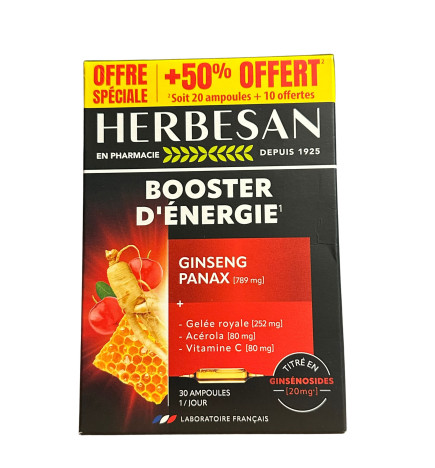 Herbesan – Panax ginseng gelée royale, 20 + 10 ampoules de 15 ml