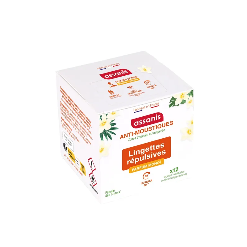 Assanis – Lingettes répulsives anti-moustiques parfum monoï, 12 lingettes Assanis – Lingettes répulsives anti-moustiques parfum monoï, 12 lingettes
