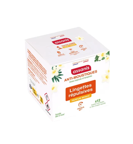 Assanis – Lingettes répulsives anti-moustiques parfum monoï, 12 lingettes