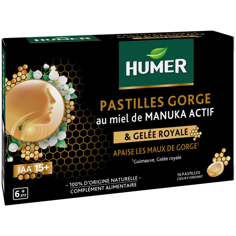 Humer – Pastilles gorge miel de Manuka et eucalyptus, 16 pastilles