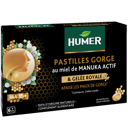 Humer – Pastilles gorge miel de Manuka et eucalyptus, 16 pastilles