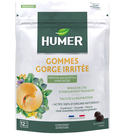 Humer – Gommes gorge sensible Menthe Eucalyptus, 30 gommes