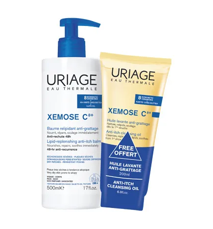 Uriage – Xémose C8+ Baume relipidant anti-grattage 500 ml + huile lavante anti-grattage 200 ml offerte