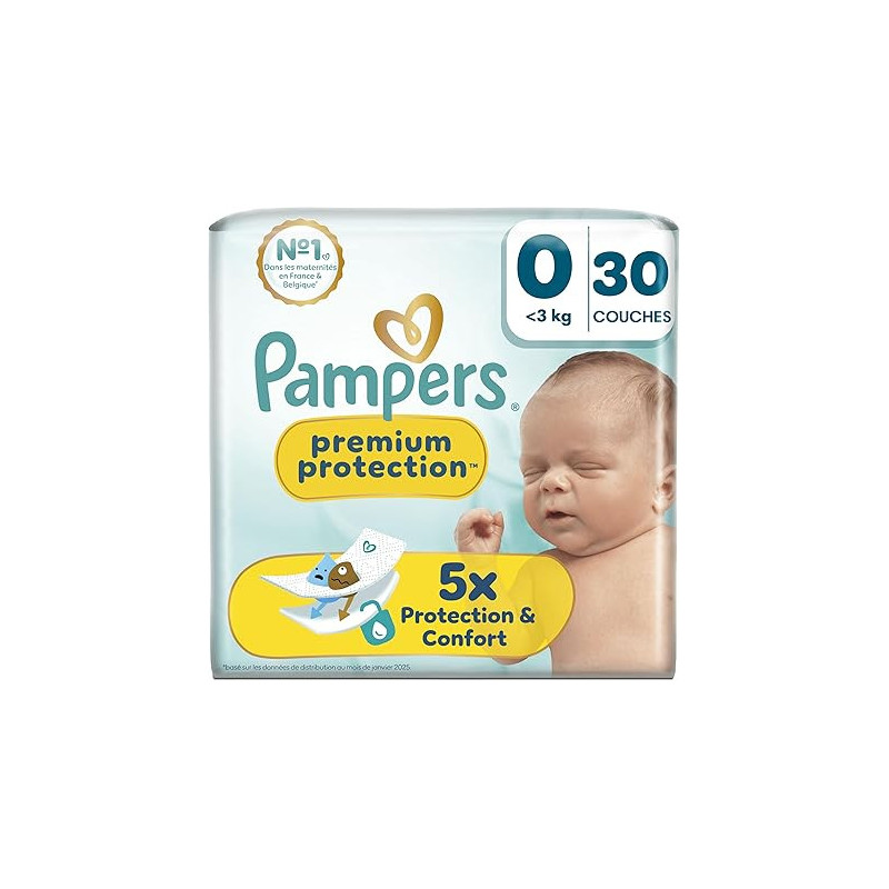 Pampers – Couches Premium Protection taille 0, jusqu’à 3 kg Pampers – Couches Premium Protection taille 0, jusqu’à 3 kg