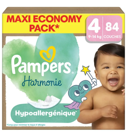 Pampers – Couches bébé Harmonie taille 4, 9 à 14 kg, 84 unités
