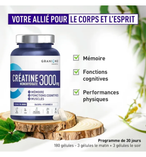Laboratoire des Granions – Créatine Monohydrate 3000 mg, 180 gélules