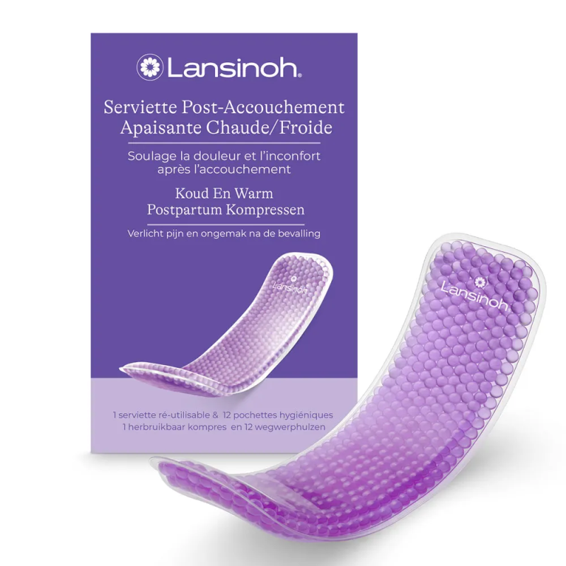 Lansinoh – Serviette réutilisable flexible post-accouchement apaisante froid/chaud, 1 serviette + 12 pochettes jetables