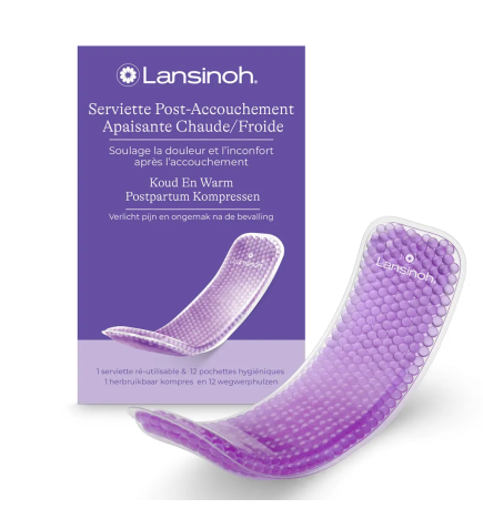 Lansinoh – Serviette réutilisable flexible post-accouchement apaisante froid/chaud, 1 serviette + 12 pochettes jetables