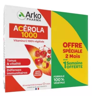 Arkopharma – Acérola 1000, lot de 2 x 30 comprimés à croquer