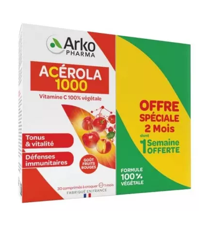 Arkopharma – Acérola 1000, lot de 2 x 30 comprimés à croquer