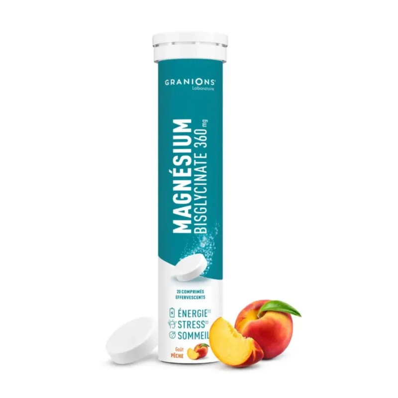 Granions – Magnésium bisglycinate 360 mg goût pêche, 20 comprimés effervescents Granions – Magnésium bisglycinate 360 mg goût pêche, 20 comprimés effervescents