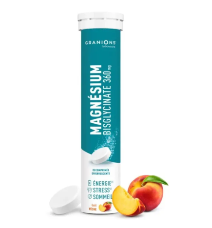 Granions – Magnésium bisglycinate 360 mg goût pêche, 20 comprimés effervescents