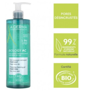 A-DERMA – Gel moussant nettoyant purifiant Biology AC Bio, 400 ml