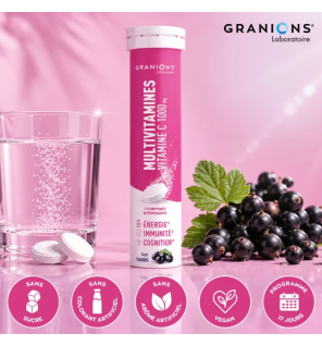 Granions – Multivitamines, vitamine C 1000 mg goût cassis, 17 comprimés effervescents