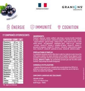 Granions – Multivitamines, vitamine C 1000 mg goût cassis, 17 comprimés effervescents