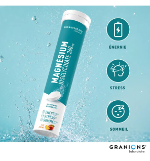 Granions – Magnésium bisglycinate 360 mg goût pêche, 20 comprimés effervescents