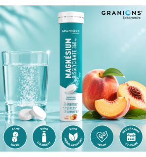 Granions – Magnésium bisglycinate 360 mg goût pêche, 20 comprimés effervescents