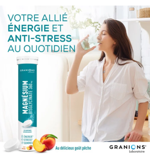 Granions – Magnésium bisglycinate 360 mg goût pêche, 20 comprimés effervescents
