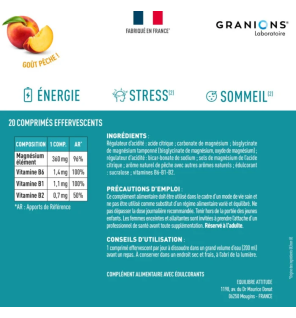 Granions – Magnésium bisglycinate 360 mg goût pêche, 20 comprimés effervescents