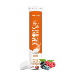 Granions – Vitamine C 1000 mg + Vitamine D3 + Zinc goût fruits rouges, 20 comprimés effervescents