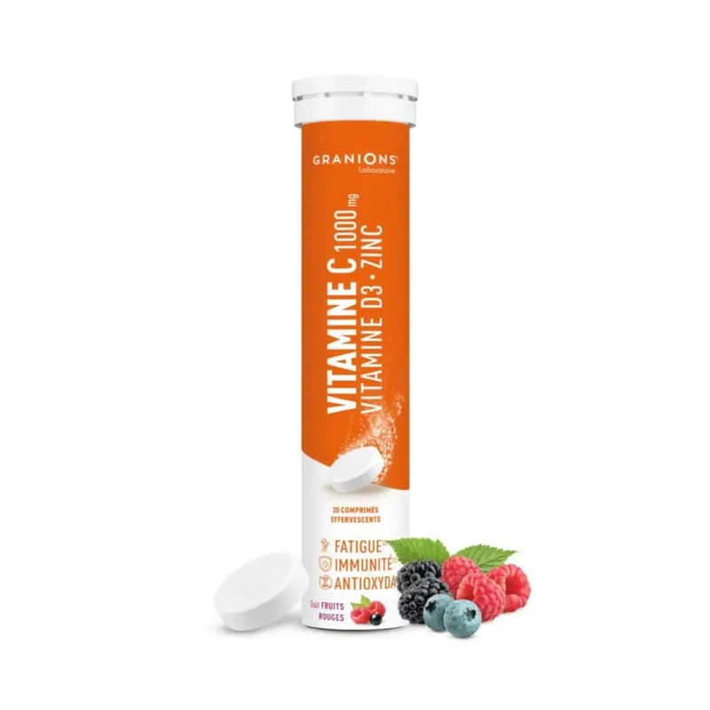 Granions – Vitamine C 1000 mg + Vitamine D3 + Zinc goût fruits rouges, 20 comprimés effervescents