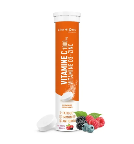 Granions – Vitamine C 1000 mg + Vitamine D3 + Zinc goût fruits rouges, 20 comprimés effervescents