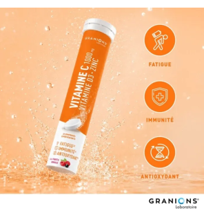 Granions – Vitamine C 1000 mg + Vitamine D3 + Zinc goût fruits rouges, 20 comprimés effervescents